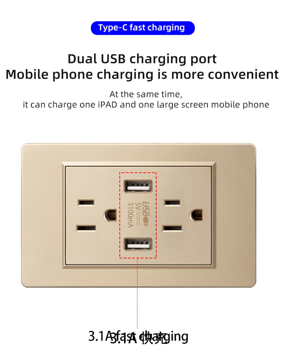 Herepow-Tomada de parede USB dupla padrão americana,