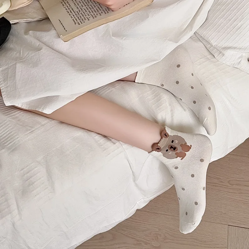 Description Picture 6 of item5 Pairs Bear Socks Cotton Capybara Socks Breathable Soft Japanese Casual Socks Summer Thin Coffee Cartoon Mid-tube Socks Women