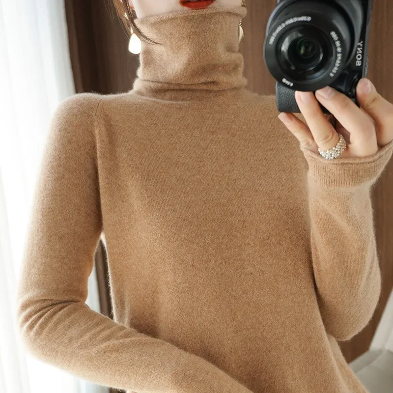 

Women Winter Cashmere Turtleneck Warm Knitwear Korean Casual Solid Bottoming Shirt Fashion Knit Pullovers Brown Sweater L322