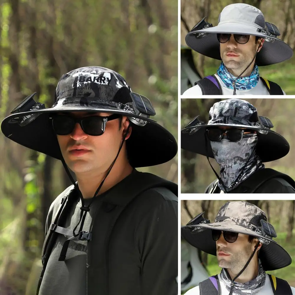 1 Set Outdoor Sun Hat 2 Fan Large Brim Windproof Strap Solar Or USB Charging Anti UV Outdoor Fishing Cap