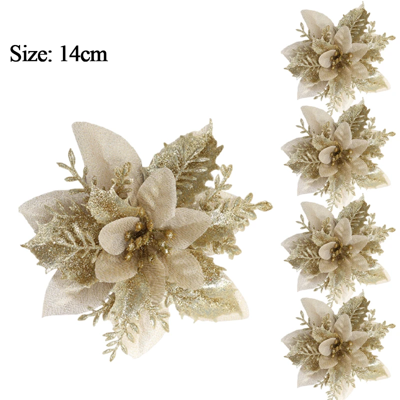thumbnail image 1 of 10/1Pcs Christmas Artificial Flowers Glitter Poinsettia with Clips Xmas Tree Ornaments DIY Wreath Wedding New Year Decorations, 1 of 5
