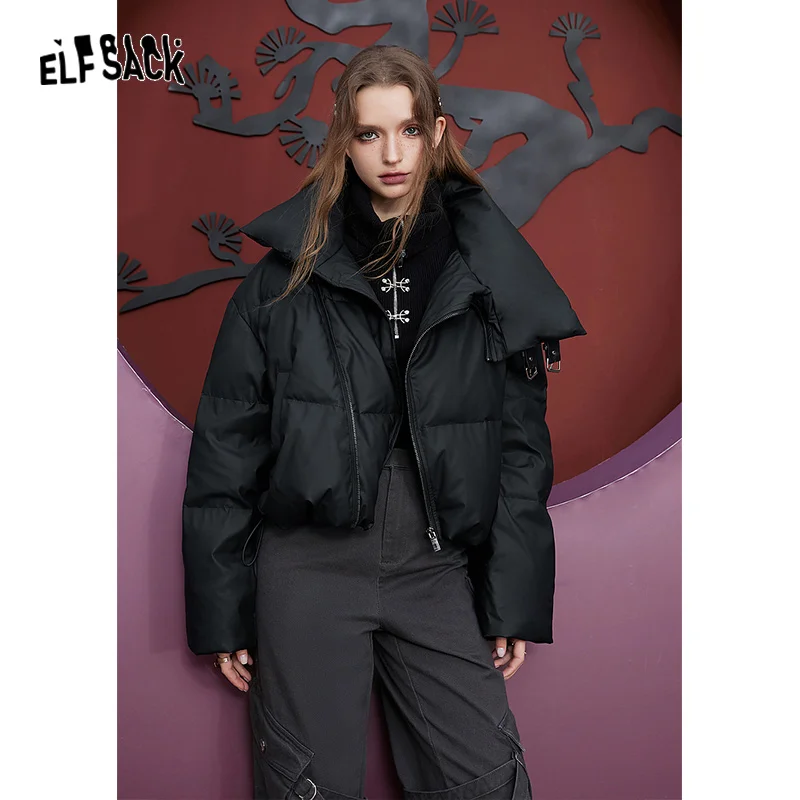 ELFSACK Solid Color Warm Down Coats Women 2023 Winter Loose Short Casual Outwears