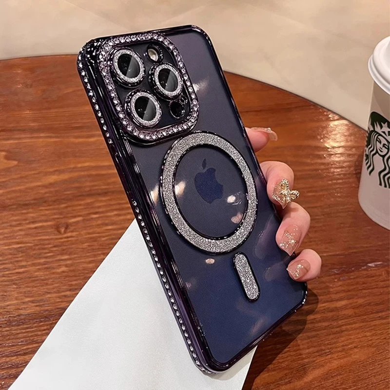 New Fashion Glitter Diamond Transparent Case For iPhone17 16 15 14 13 17 12 Pro Max  Magnetic Wireless Charge Bumper Cover