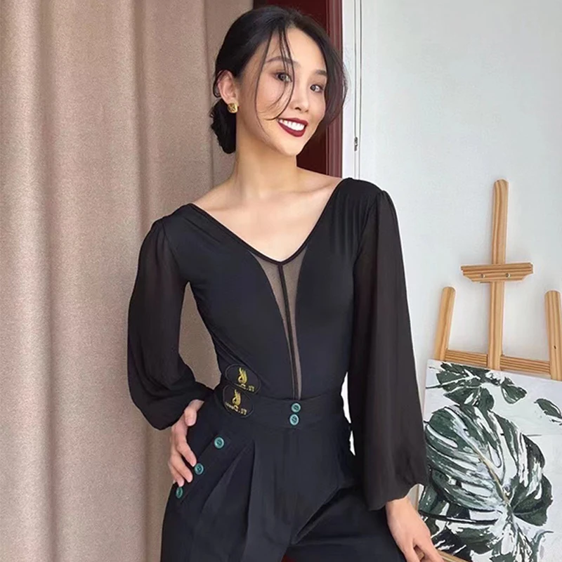 New Latin Dance Clothes V Neck Black Bodysuit Bishop Sleeves Ballroom Dance Performance Tops Rumba Waltz Costume BL10870