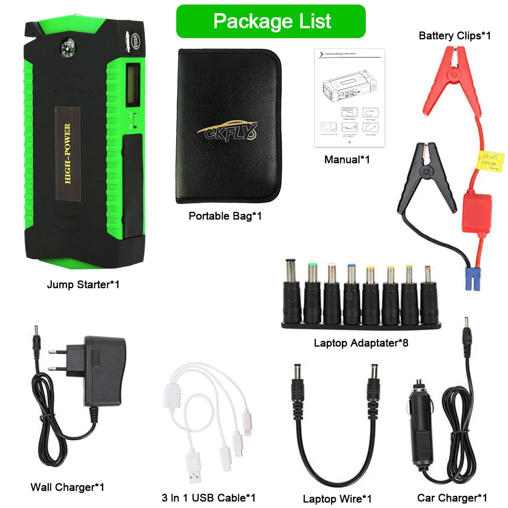 GKFLY High Power 16000mAh Starting Device 12V Car Jump Starter Portable Power Bank Car Battery Charger For Petrol Diesel Booster