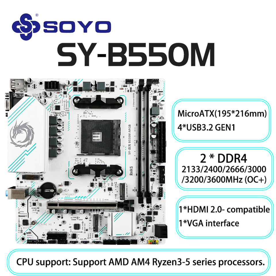 SOYO AMD B550M Gaming Motherboard USB3.1 M.2 Nvme Sata3 DDR4 Dual Channel Supports RYZEN R3 R5 R7 3000 4000 5000 CPU AM4 Socket