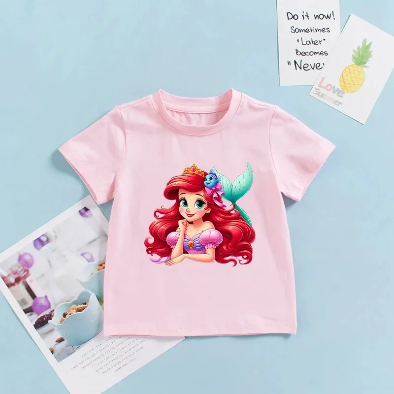 겨울왕국 엘사 공주 아리엘 라푼젤 소녀 여름 짧은 소매 어린 소녀 7-13세 생일 어린이 티셔츠  어린이 선물