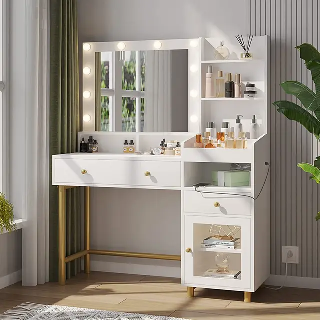 Toeletta Da Trucco Con Luci LED E Specchio - Scrivania Vanità Con Cassetti E Sgabello - Foto 9