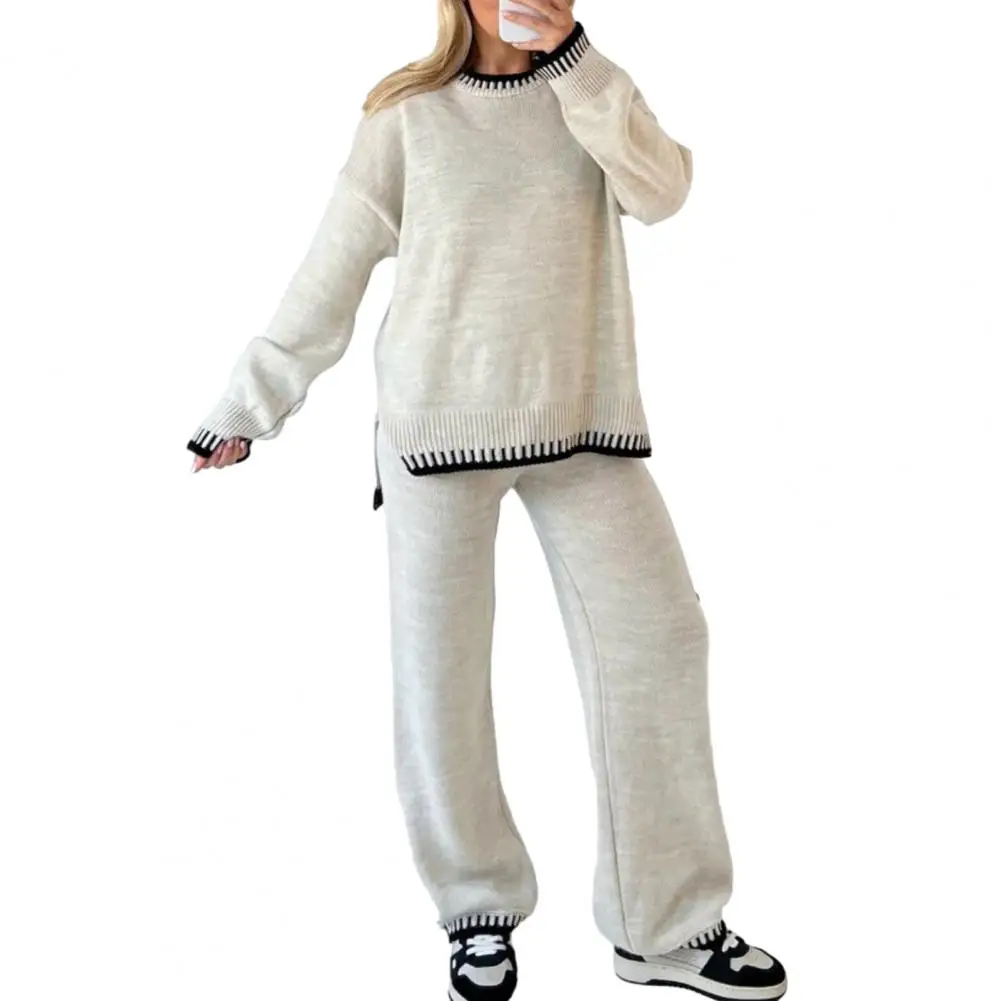 Two-piece Set Striped Knit Sweater Wide Leg Pants Set for Women Autumn Winter Lounge Wear Tracksuits Elastic High Waist Straight