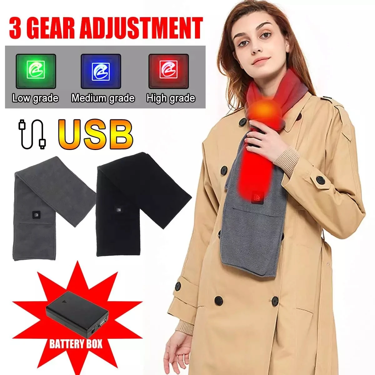 

145cm Smart Heated Electric Scarf Women 3 Gears Heating Autumn Winter Hiking Scarves USB Charge Home Sport Fashion Neckerchief