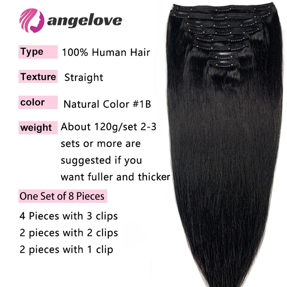 Extensión de cabello humano con Clip recto para mujer, cabeza completa, brasileño, 120g por juego