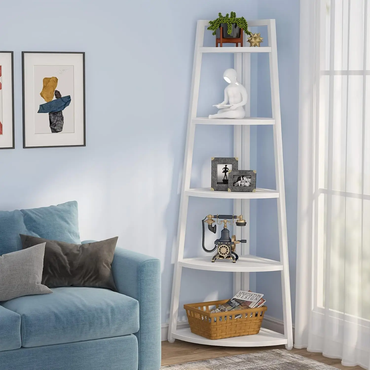 5 Tier Corner Bookshelf and Bookcase, 70 inch Tall Corner Shelves Standing Shelving Unit Indoor Plant Stand