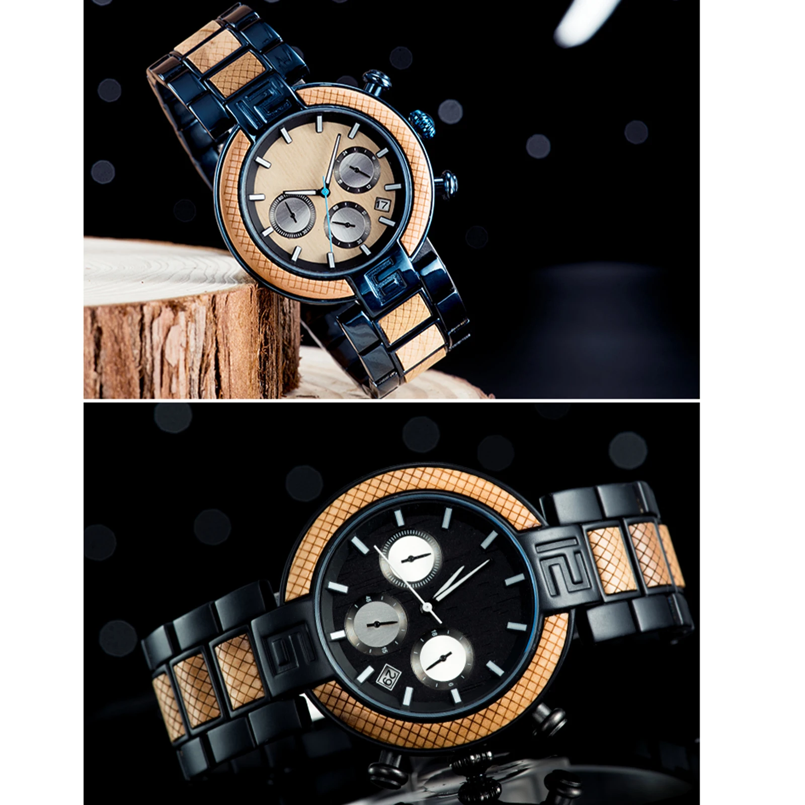 Men's Quartz Display Calendar Luminous Watch Wood and Stainless Steel Combination Multifunction ChronoMultifunction Chronograph