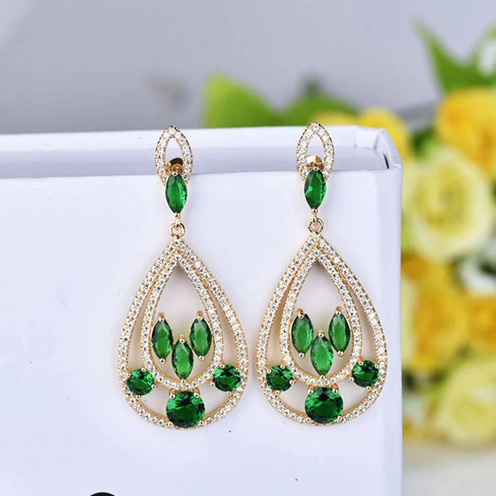 

Green Crystal Womens Dangle Earrings Teardrop Shaped Elegant 18k Yellow Gold Filled Beautiful Women Lady Earrings Gift