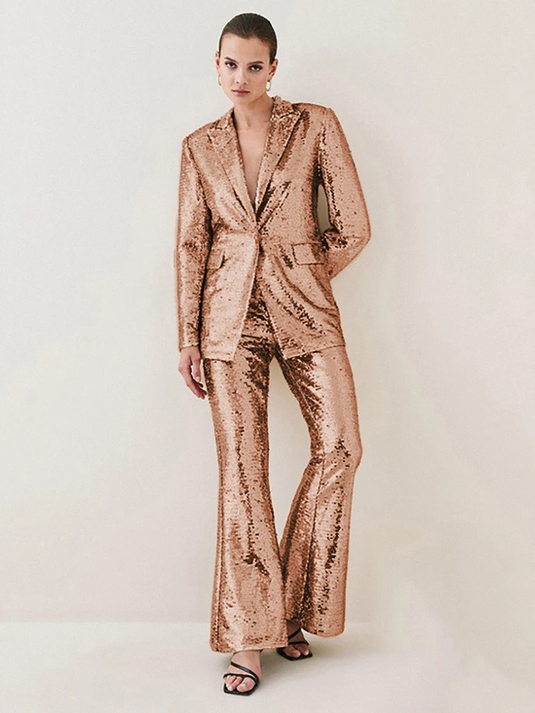 

Women's Two Piece Pants Sets Sexy Gold Sequins V-Neck Long Sleeved Blazer Coat + Flare Pants Suits Party Evening Outfits
