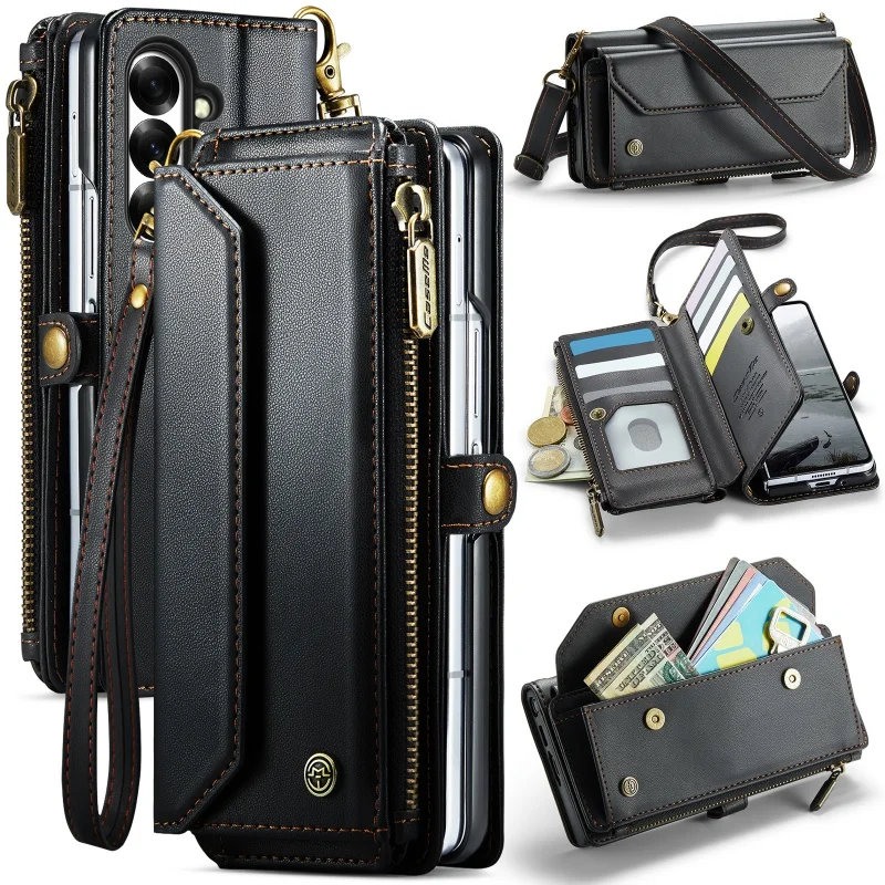 Lanyard Leather Zipper Wallet Card Phone Case with Crossbody Flip Stand Cover