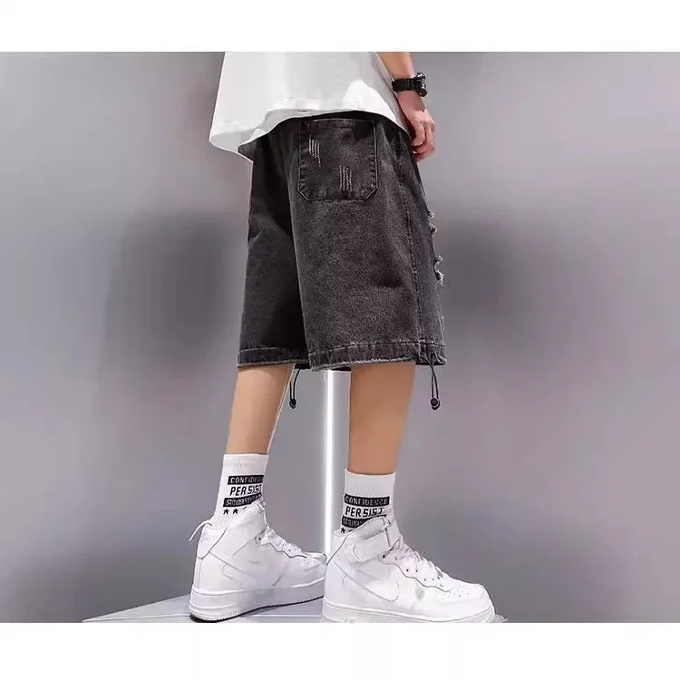 Denim Shorts Summer Men's Denim Shorts Trendy Loose-fit Seven-half Pants Holeed Casual Shorts Five-half Pants