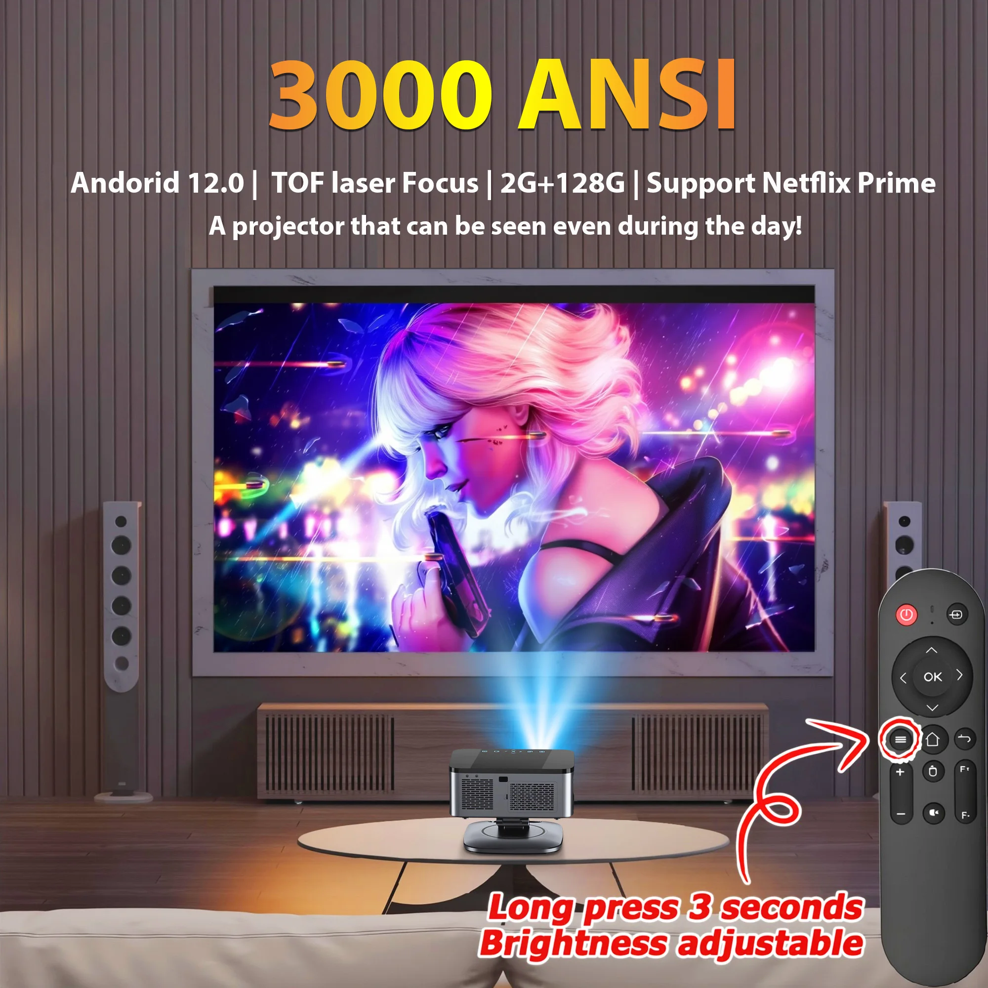 Projetor de Vídeo XIWBSY 45000 Lumens TOF Focus 4K Android 12.0 BT5.3 Full HD 1080P para Home Theater, Jogos e Smart TV a Laser - Imagem 3