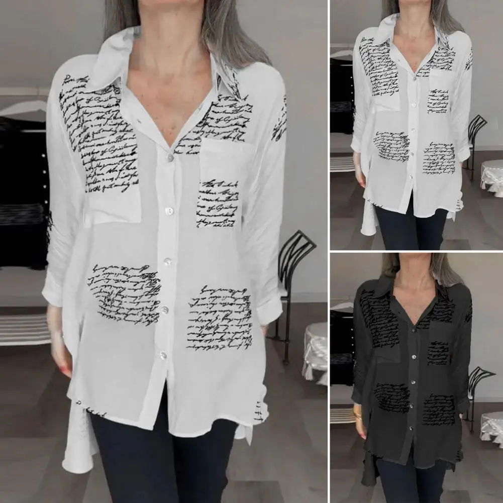 

Women Long-sleeve Shirt Stylish Women's Spring Blouse with Letter Print Pockets Long Sleeve Shirt Tops Single Breasted for A