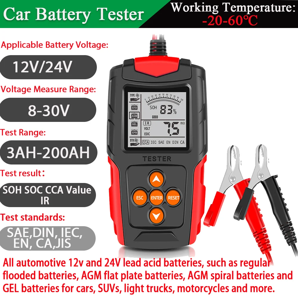 AUTDER Car Battery Tester, 12V/24V Battery Condition Tester & Alternator  Charging System Analyzer, Automotive Voltmeter with LCD Display and LED