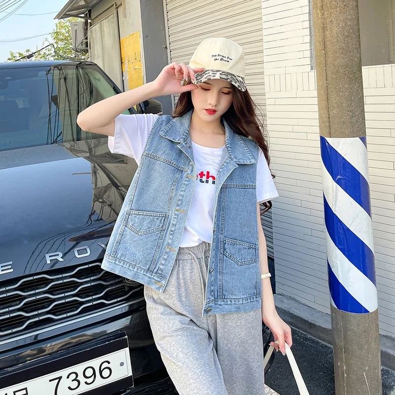 2023 New Cotton Denim Vest Korean Fashion Girls Design Spring Fall Fashion with Pockets Loose Design multiple pockets denim straight cargo pants for women streetwear 2023 autumn winter new design soild slight strech casual jeans