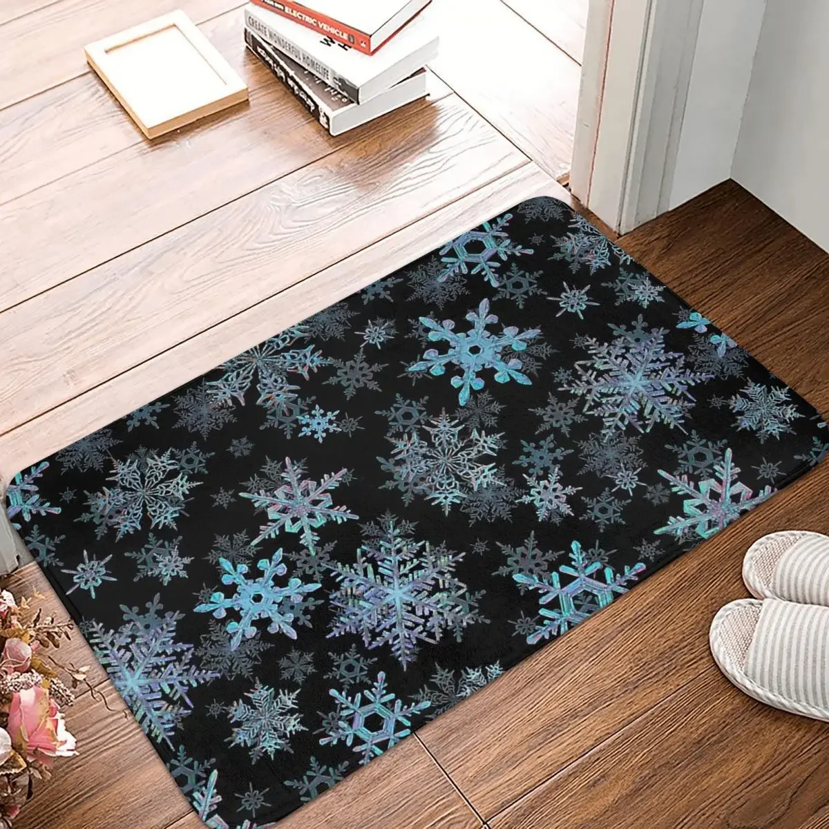 

Non-Slip Carpet Embroidered Snowflakes On Dark Merry Christmas Happy New Year Santa Claus Elk Snowflake Doormat Mat Door Rug