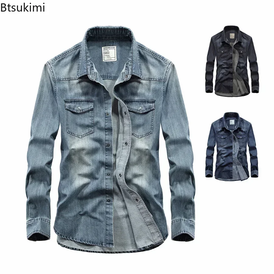 Men's Denim Jeans Shirt Long Sleeve 100% Cotton Casual Jean Shirt Top Male Shirts Plus Size 4XL denim shirt long sleeved shirt