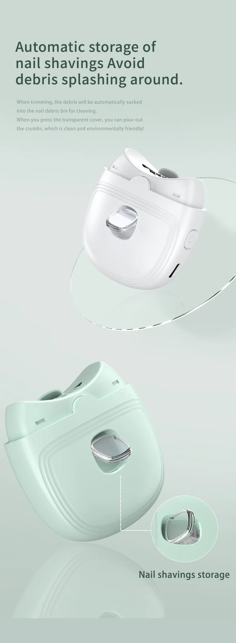 2 in 1 네일 트리머 그라인더 전동 손톱깎이 LED 라이트 네일 광택기 USB 충전식  성인 노인용