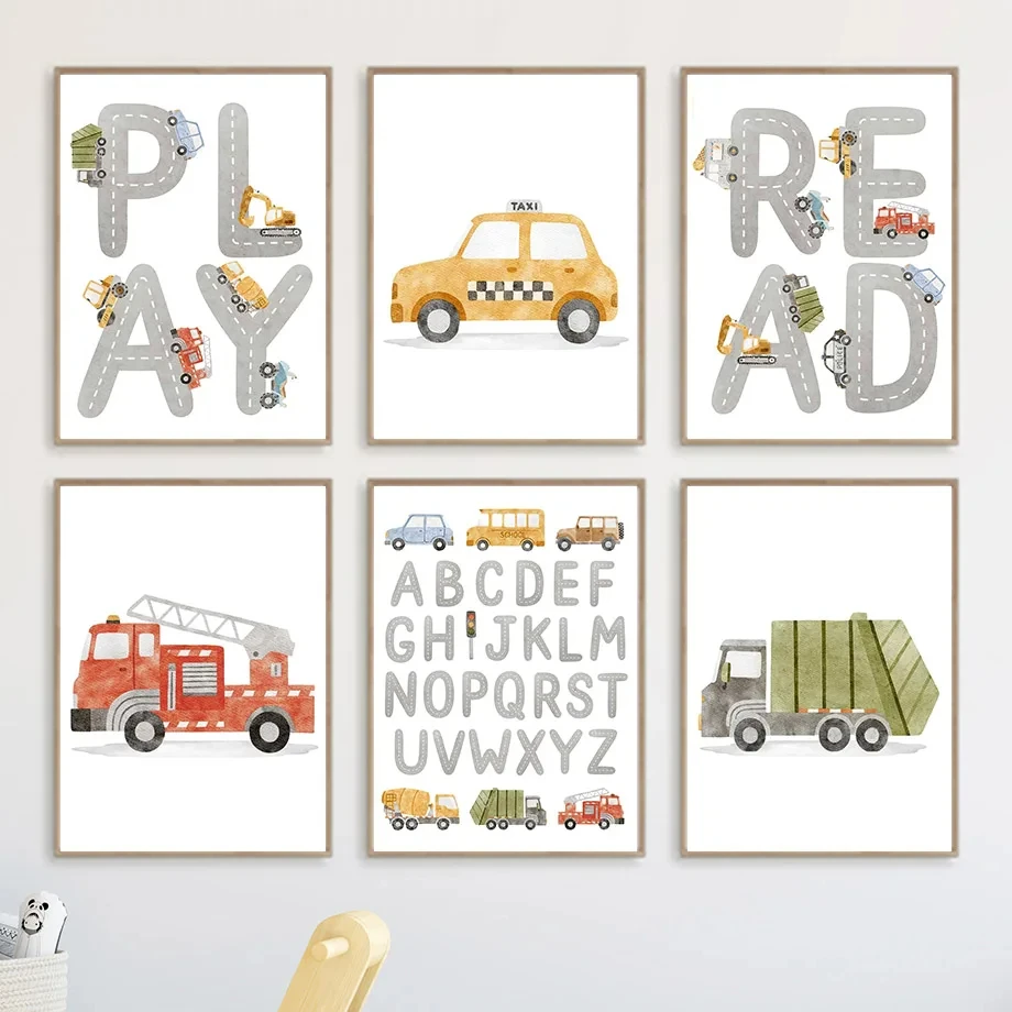 

Alphabet Taxi Fire Truck Bus Engineering Vehicle Quotes Wall Art Cartoon Posters Prints Kids Room Decor Nordic Canvas Painting