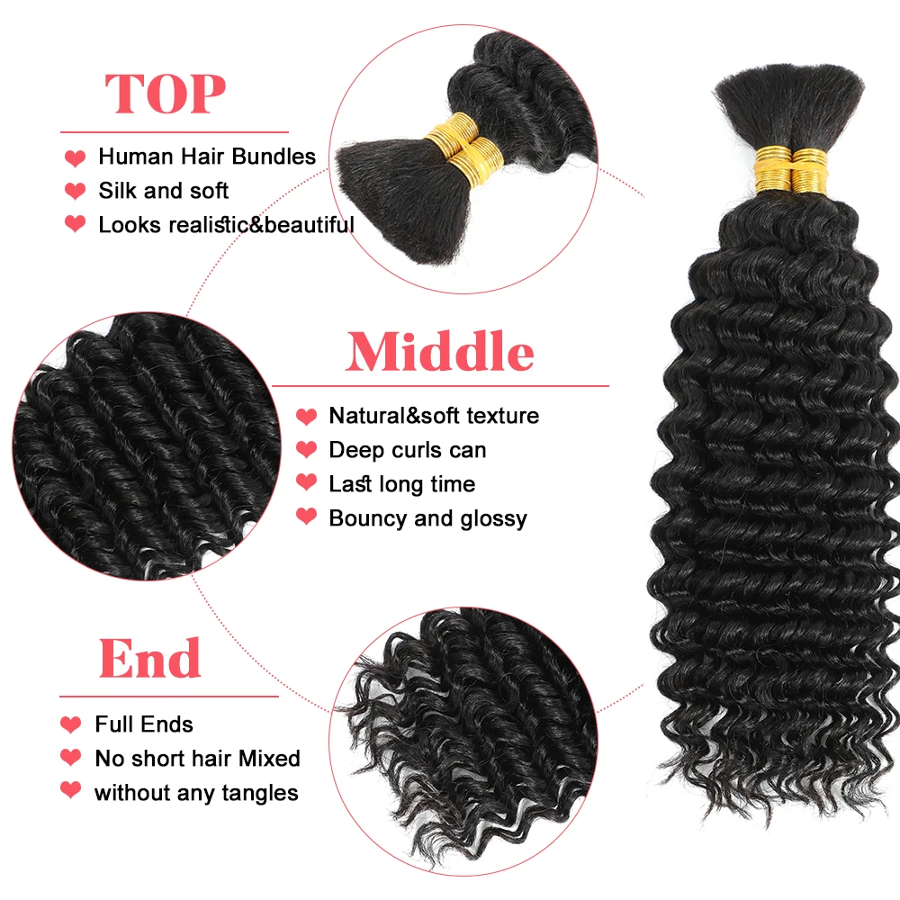 Human Hair Bulk For Braiding 2 Bundles Deep Wave Human Hair Extensions Human Braiding Hair For Boho Braids Water Wave Curly Hair 2