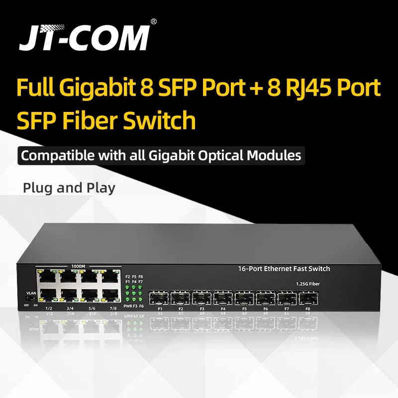 JT-COM Full Gigabit 8 SFP Port + 8 RJ45 Port SFP Fiber Switch Compatible with all Gigabit Optical Module Plug and Play 8 poe rj45 ports 2 rj45 ports 1 sfp slot gigabit switch plug