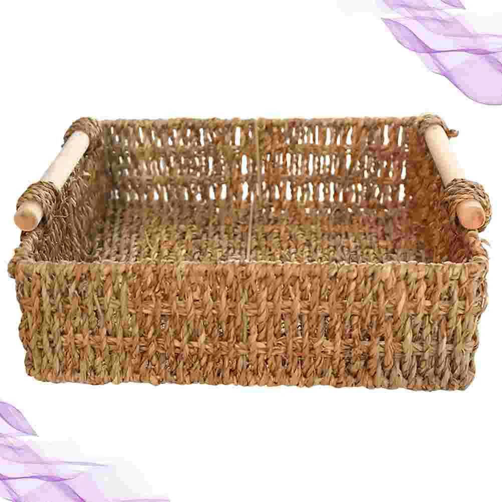 

Straw Basket Wooden Handle Home Funny Decor Simple Desktop Basket Cosmetics Storage Basket For For Sundries Key