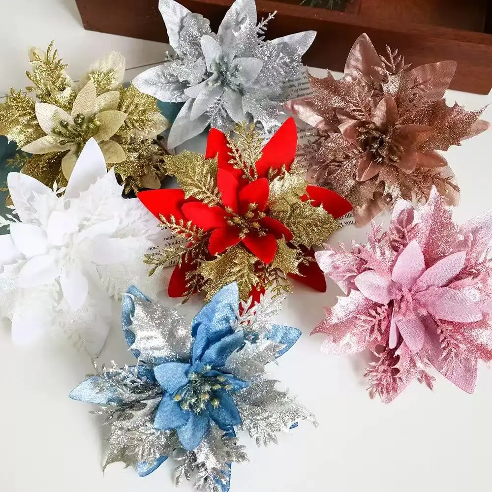 Glitter artificial Christmas flowers 1~20Pcs Christmas tree decoration New Year ornaments fake flowers