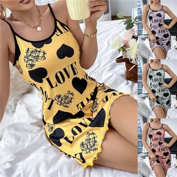 Summer New Women's Nightgown Beauty Back Thin Section Of Home Wear Sexy Halter Short Skirt Love Cartoon Cute Printing Pajamas 1