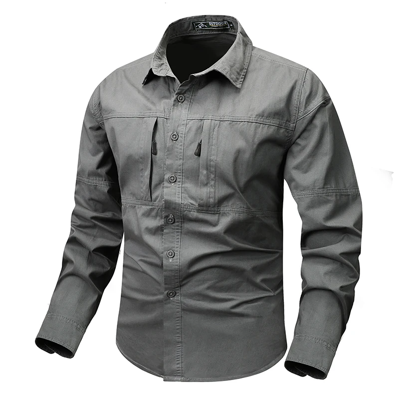 Men's Tactical Hiking Long Sleeve Shirt Big Pocket Cargo Button Up Shirt mens t shirts