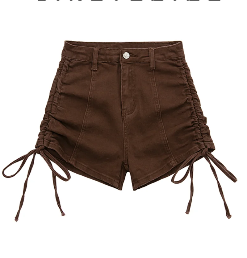 

2023 Summer American Retro Chic Solid Color Pants Women Drawstring Pleated Slim Y2K High Waist Vintage Lightweight Short Jeans