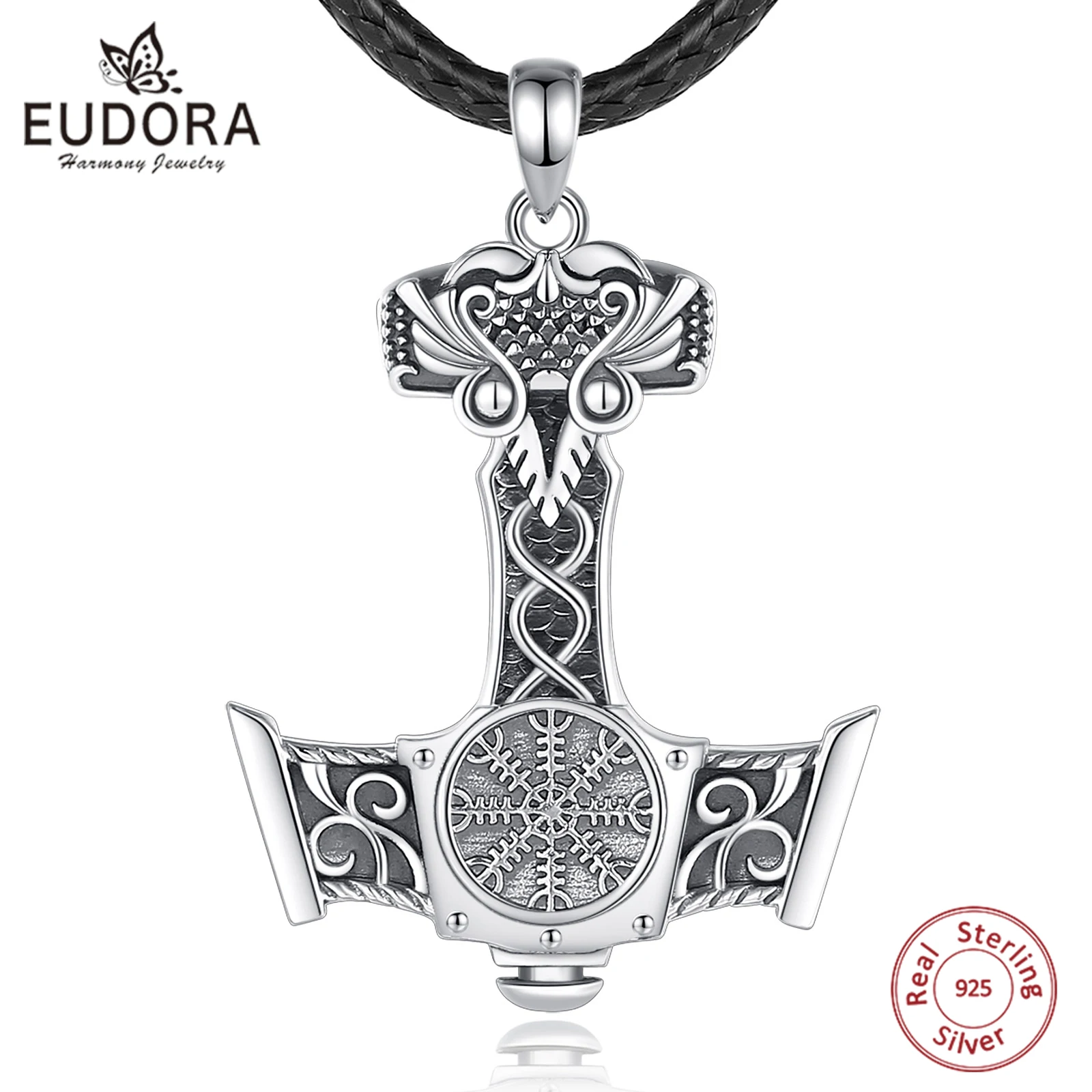 925 Sterling Silver Norse Viking Thor's Hammer Necklace Vintage Compass Mjolnir Amulet Pendant Man Gift pendant necklace silver necklace silver pendant silver necklace charms