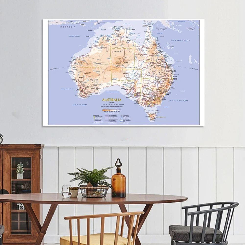 World Map Poster 150*100cm Terrain and Traffic Route Map of The Australia Wall Poster Non-woven Canvas Painting Home Decoration School Supplies