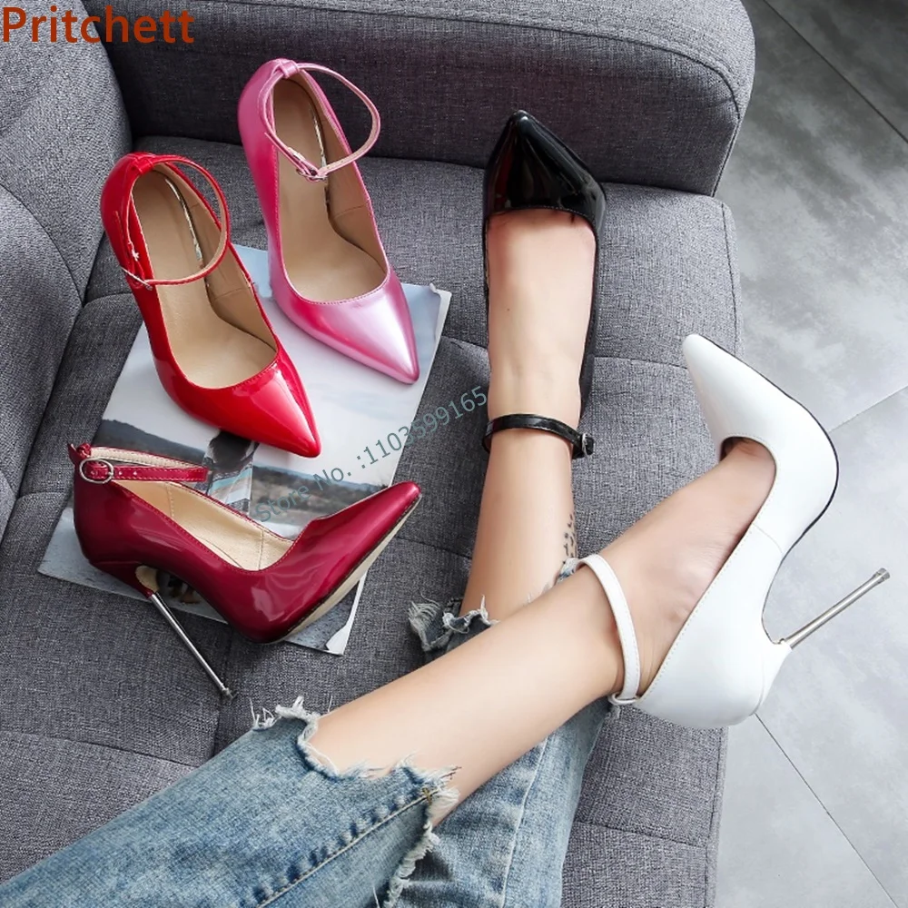 

13 Cm Metal Thin Heel Pumps Solid Pointy Toe Ankle Band Buckle Strap Patent Leather Runway Shoes Summer Sexy 2024 Women Shoes