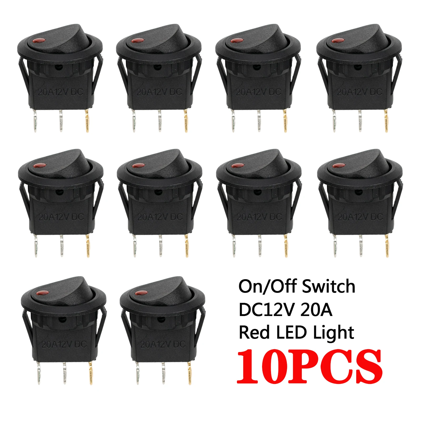 10Pcs/Set Rocker Switch Toggle Dc 12V 20A Red Led Light Car Auto Boat Dash Round On/Off Spst Button Luminescence Car Accessories