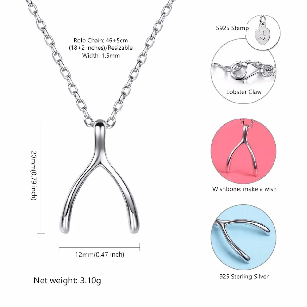 U7 925 Sterling Silver Wishbone Bone Necklace Women Good Luck Pray Wishes Anniversary Mothers Day Jewelry Gift for Her SC44 QC24 pendant necklace silver necklace