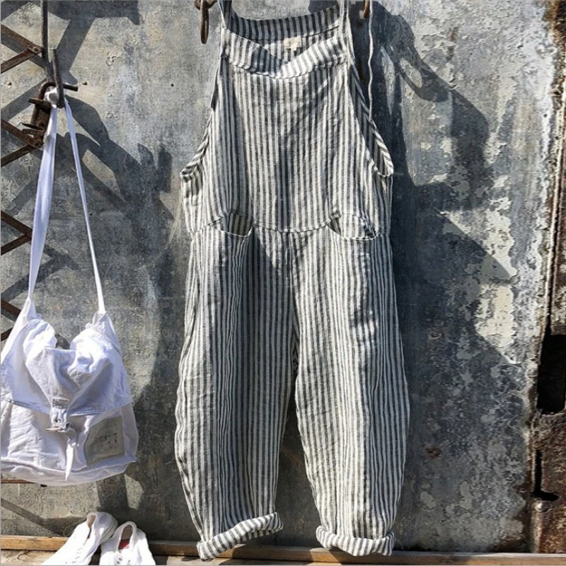 High Quality 2023 Spring Autumn Casual Women's Fashion Cotton Overalls Bohemian Stripe Casual Overalls