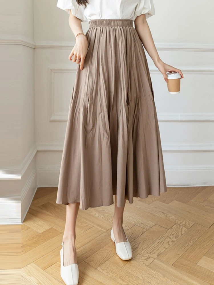 Women Casual Long Skirts New Arrival 2022 Spring Korean Style Plain Color All-match High Waist Ladies Elegant A-line Skirt W997 black leather skirt