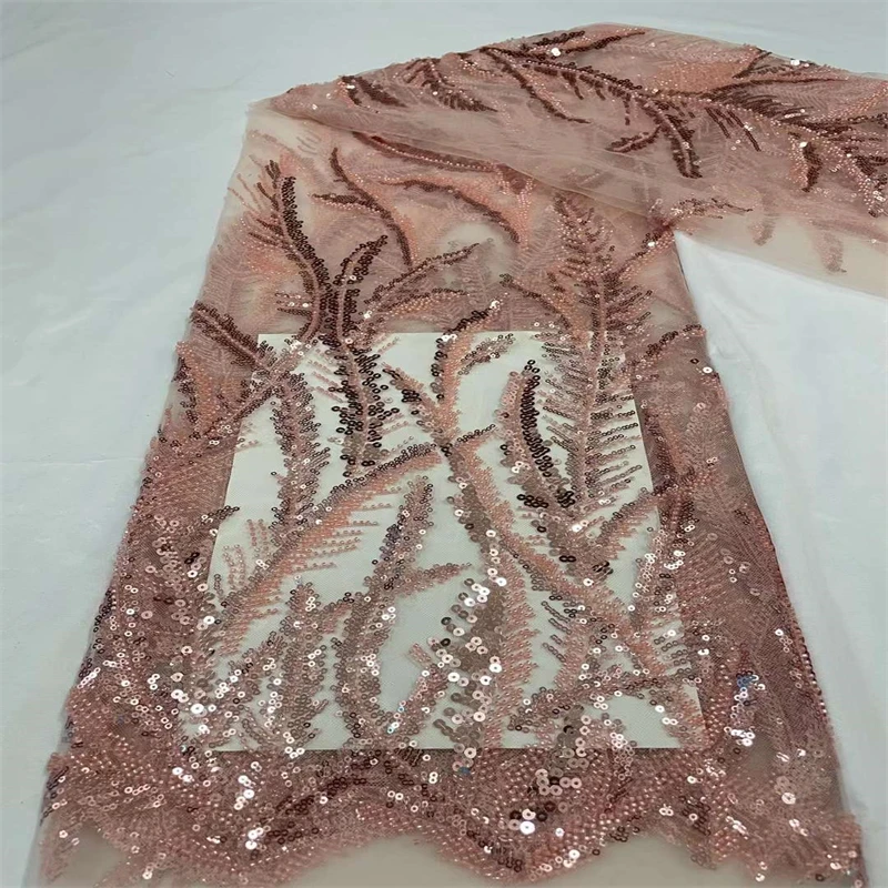 

SJ Lace African Tulle Groom Sequins Lace Fabric 5 Yards 2022 High Quality With Beads Nigerian Lace Fabric French Lace xb12-20