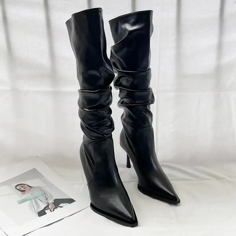 Women's Shoes 2023 High Quality Slip-on Women's Boots Fashion Pleated Office and Career Sexy Pointed Toe Knee-High Boots Zapatos