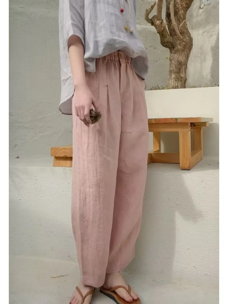 

Брюки женские с широкими штанинами, Свободные повседневные штаны из хлопка и конопли, Удобные однотонные винтажные штаны, большие размеры, 2024