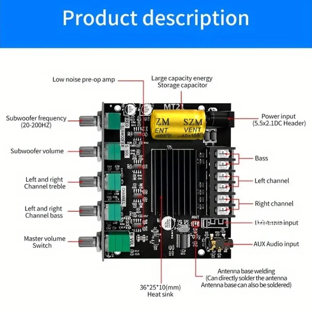 Audio Amplifier Board 2.1Channel 50W x 2 +100W Subwoofer Power amp with BT5.0 and AUX Inputs Stereo Digital amp For Home Theater - 4