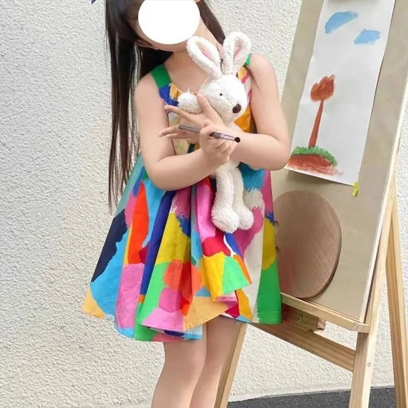 

Elegant Fashion Harajuku Slim Fit Children Clothes Loose Casual All Match Camisole Skirt Printed Sleeveless Bow Knot Dresses