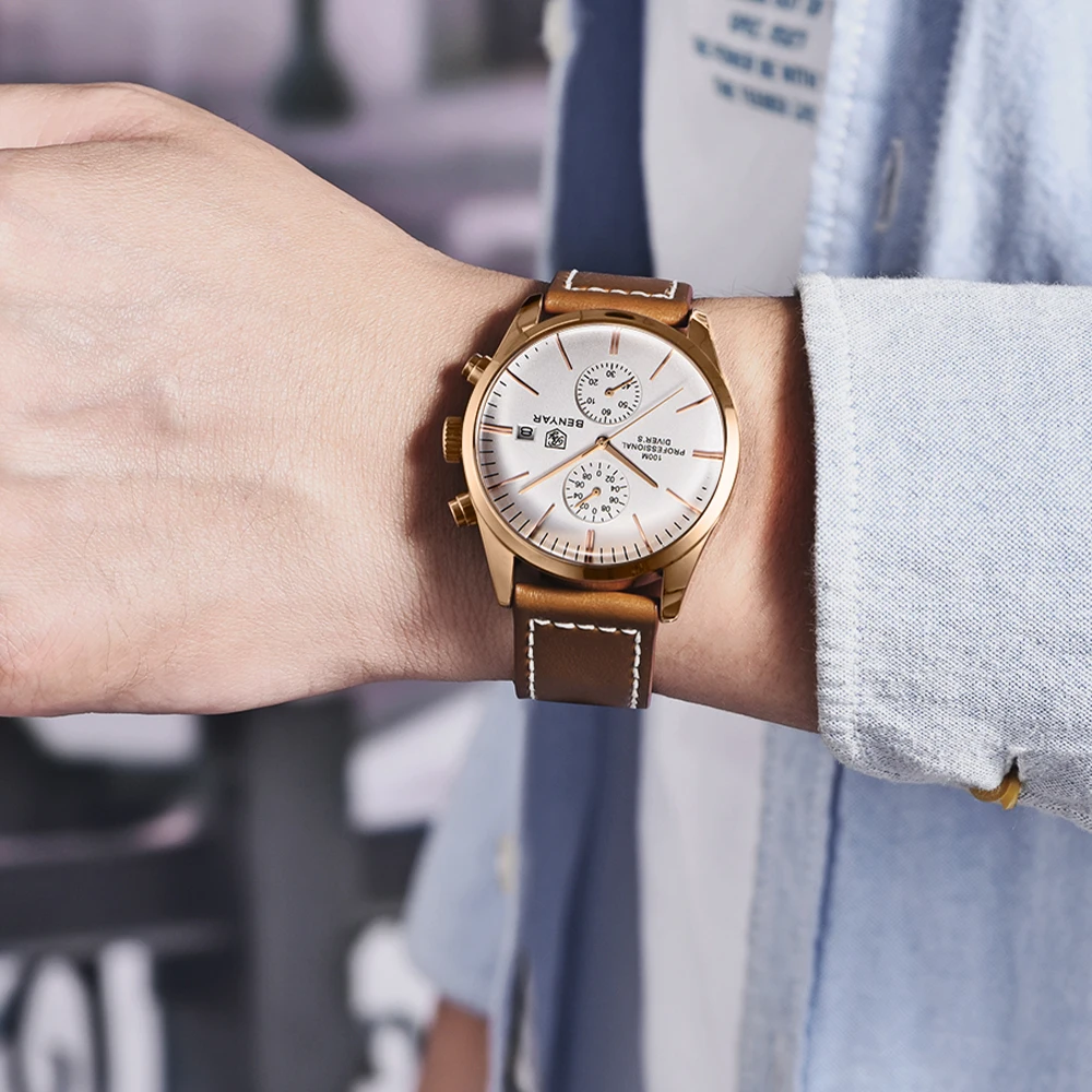 2022 New BENYAR Leather Men Quartz Wristwatches Luxury Brand 100M Waterproof Men Watch Military Sports Chronograph Watch for Men