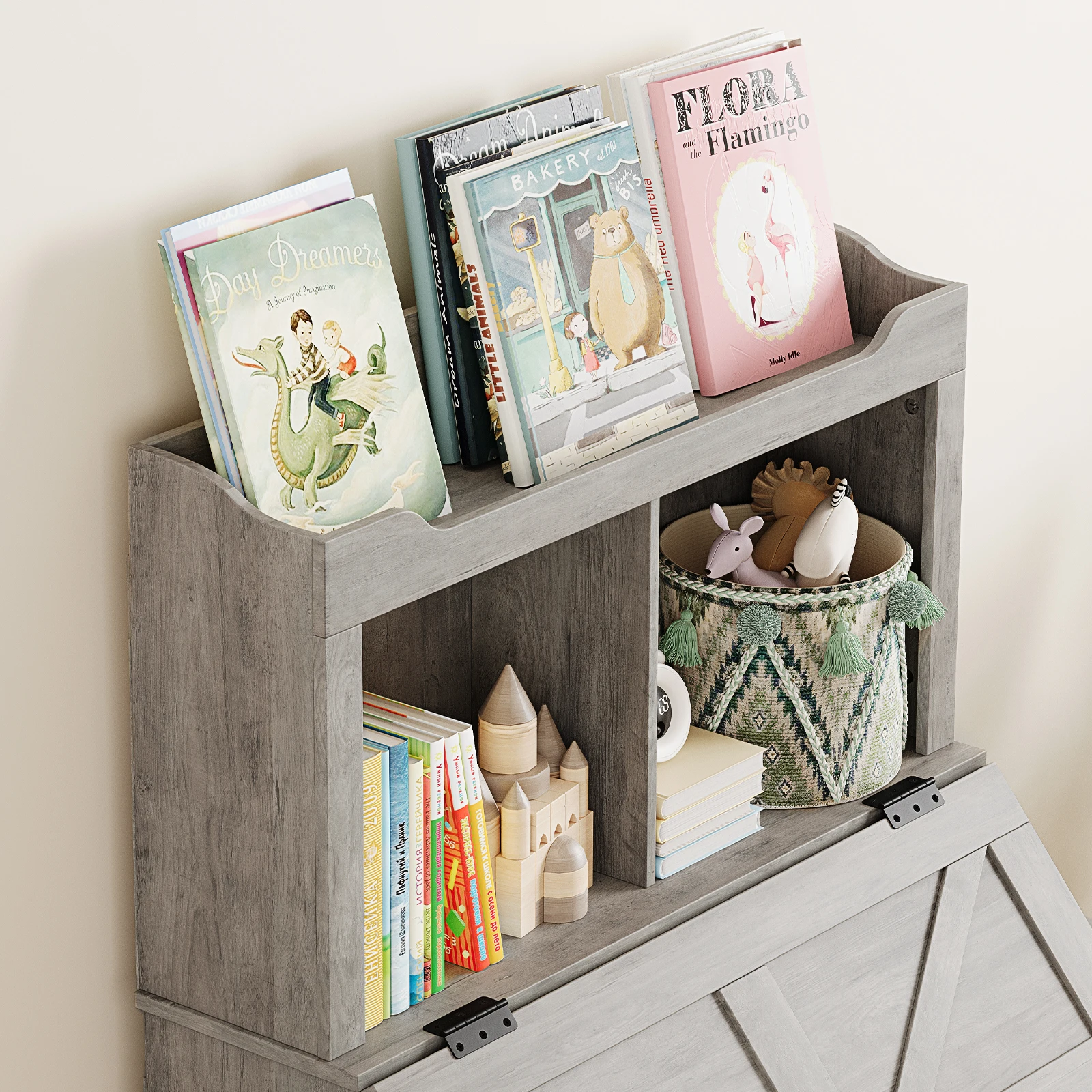 Kinder-Bücherregal aus Holz, Kinder-Bücherregal und Spielzeugaufbewahrung mit Klappdeckel und Tasche, Aufbewahrungsschrank aus Holz für Spielzimmer, Schlafzimmer – Detail 3